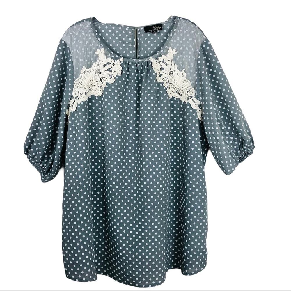Suzanne Betro grey white polka dot crochet lace boho cottagecore top 2X
